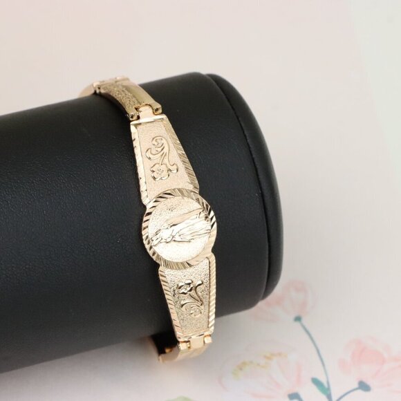 "Engraved Rose Gold Bracelet with Floral and Oval Medallion Design, XPBL1114 - Picture 8 of 12